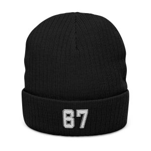 Minimal Black Ribbed Knit Beanie, Embroidered Cuffed Beanie